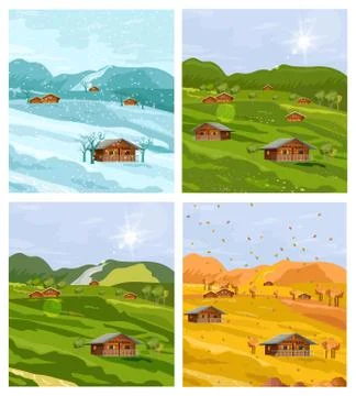Countryside different seasons Vector flat style. Autumn fall and winter backg Stock Illustration