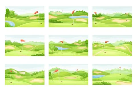 Countryside golf courses set. Play tournament, competition invitation card Stock Illustration