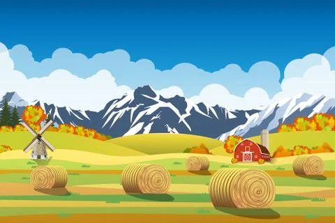 Countryside landscape with haystacks on fields. イラスト素材