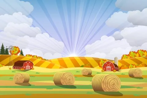 Countryside landscape with haystacks on fields. イラスト素材