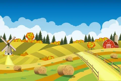 Countryside landscape with haystacks on fields. イラスト素材