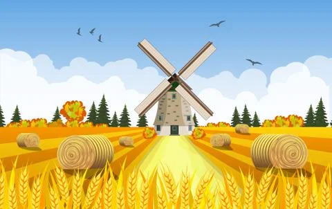 Countryside landscape with haystacks on fields. イラスト素材