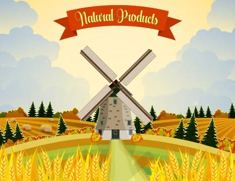 Countryside landscape with haystacks on fields. イラスト素材