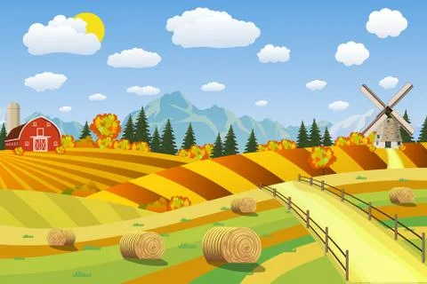 Countryside landscape with haystacks on fields. イラスト素材