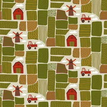 Countryside landscape map Seamless pattern. Farm view from above. Fields, houses Ilustración de archivo