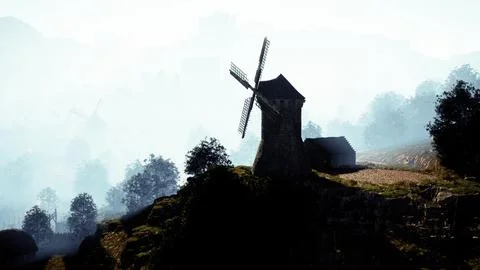 Countryside landscape with old windmill among hills Stock Illustration