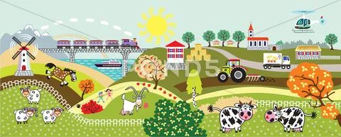 Countryside life children illustration Stock Illustration