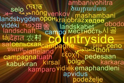 Countryside multilanguage wordcloud background concept glowing Stock Illustration
