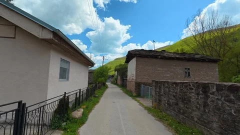 Countryside path leads between modest homes. Dojkinci village, Serbia Vídeos de archivo 335533813