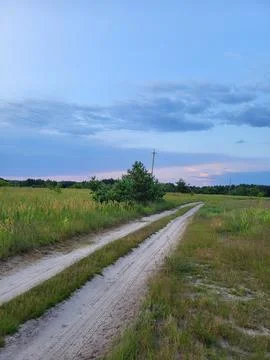 Countryside road between fields in twilight under evening sky Stock Photos