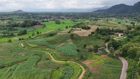 Countryside Road Through Green Fields and Mountains Stock Footage 315878148