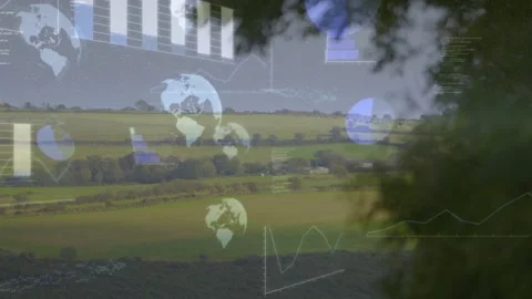 Countryside showing rolling fields and hedges from elevated view, overlaying Vidéo 332523174
