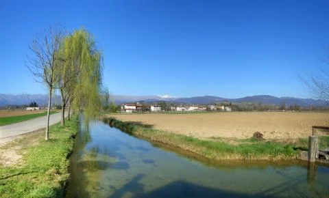 Countryside in spring, panoramic view Stock Photos