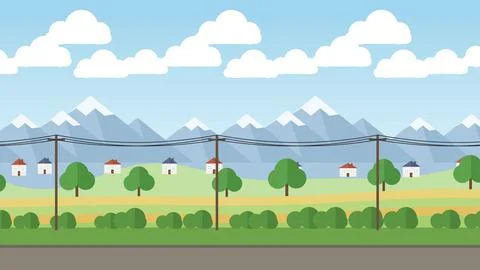 Countryside view from a moving train window with power lines, fields vector.. Stock Illustration