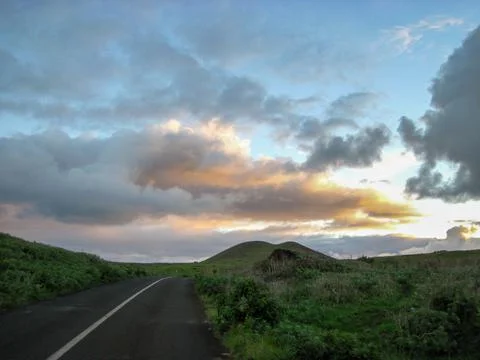 Countryside view of a sunset over Easter Island Stock Photos