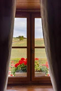 Countryside view through a curtained window with red flowers at Chateau de .. Stock Photos