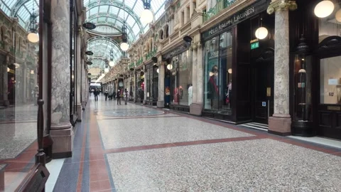 County Arcade - Pedestrians Walking Through Historic Shopping Center in Leeds. Stock Footage 338217749