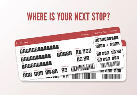 Couple of air ticket vector template with airport board letters. Illustrazione stock