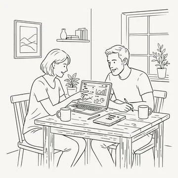 Couple analyzing data on laptop at home office table Silhouette Stockillustratie
