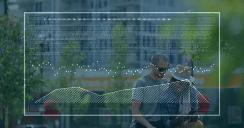 Couple analyzing smartphone data on urban sidewalk, with translucent overlay Stock Photos