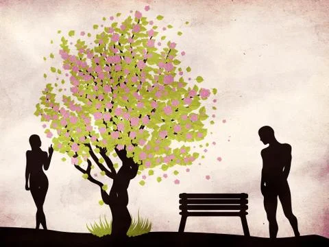 Couple and blossoming tree Ilustração Stock