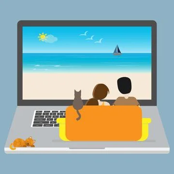 Couple and a cat sitting on a sofa Stock Illustration