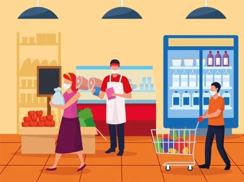 Couple and worker using face masks in supermarket Ilustração Stock