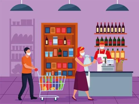 Couple and worker using face masks in supermarket Illustrazione stock
