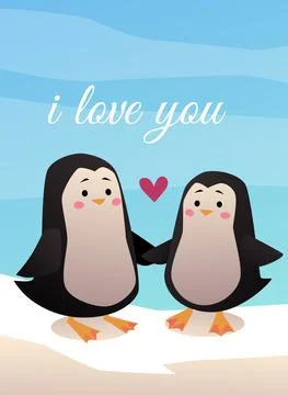Couple of animals, postcard with two cute penguins fall in love in vector Stock Illustration