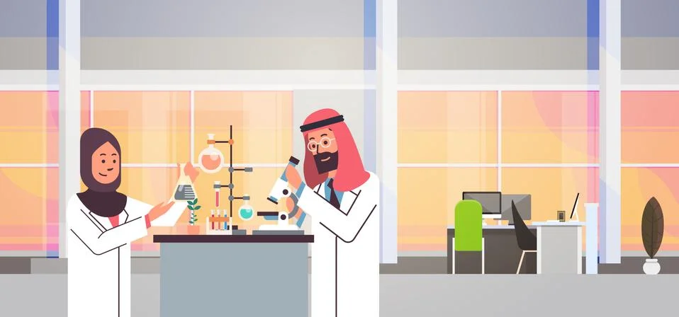 Couple arabian scientists working with microscope laboratory doing research arab 库存插图