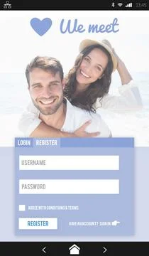 Couple are hugging on beach with app login or register form displaying heart Stock Illustration