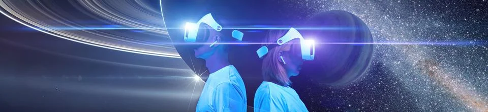 Couple are using virtual reality headset. Elements of this image furnished by Stock Photos
