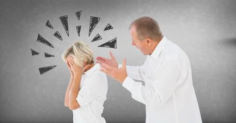 Couple arguing and fighting with triangle doodles on grey background Stock Photos