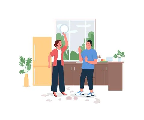 Couple arguing in kitchen flat color vector detailed character Stock Illustration