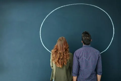 Couple, back and speech bubble on chalkboard for opinion, announcement and .. Stock Photos