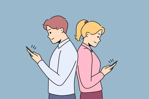 Couple back to back texting on mobiles online Stock Illustration