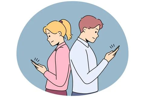 Couple back to back texting on mobiles online Stock Illustration