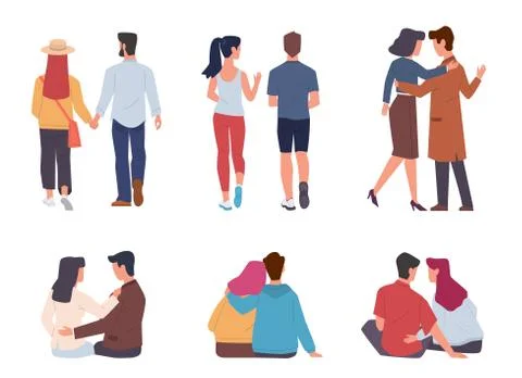 Couple back view. Men and women pairs sitting, walking and running together Ilustração Stock