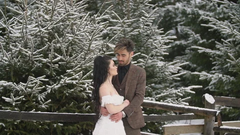 Couple on the background of a snowy forest Stock Footage 147589965