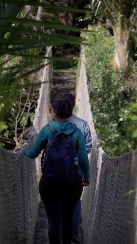 Couple of backpackers doing trekking and passing through an old hanging bri.. Stock Footage 285543873