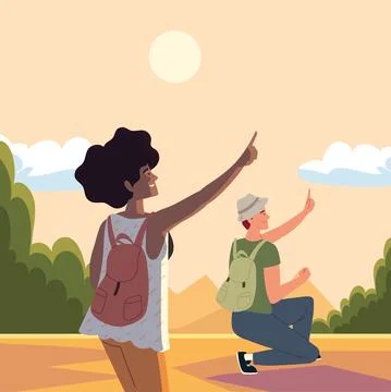 Couple backpackers explore Ilustração Stock