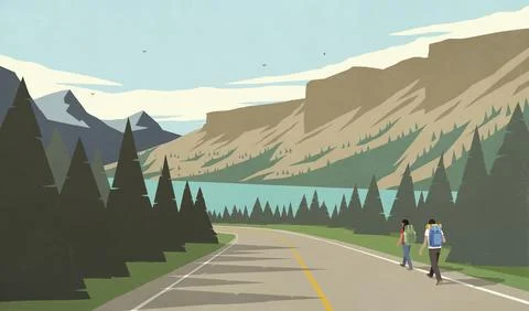 Couple backpacking on remote summer mountain road Ilustração Stock