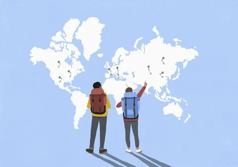 Couple with backpacks looking and pointing at location pins on global map Ilustração Stock
