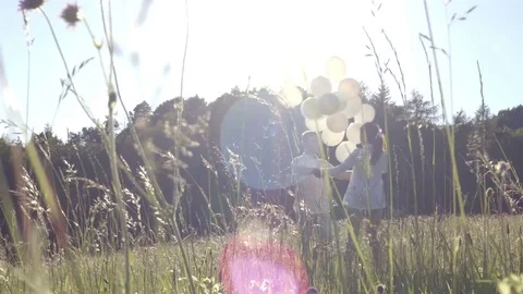 Couple  with balloons in the field Stock Footage 76874666