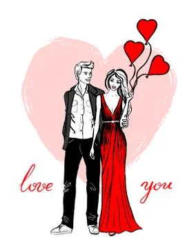 Couple with balloons Stock Illustration