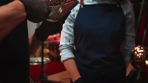 Couple of baristas in uniform checking the quality of roasted coffee beans Stock Footage 147103272