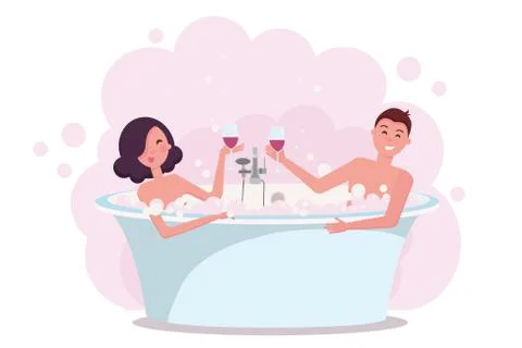 Couple in bath enjoying drinking red wine. Young man and woman characters in  Stock Illustration