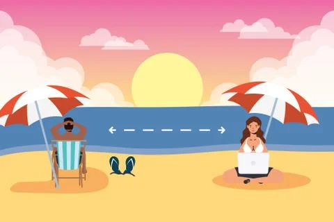 Couple on the beach practicing social distancing scene ,summer time vacations 스톡 일러스트