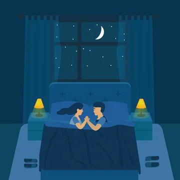 Couple on the bed in bedroom at night vector illustration Stock Illustration