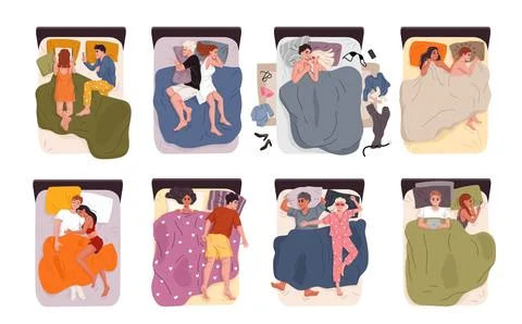 Couple in bed vector set of sleep positions Stock Illustration
